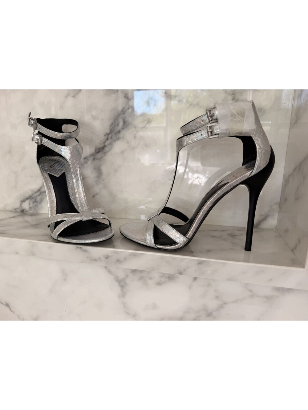 Brian Atwood Belaetta Silver Metallic Leather T-Strap Stiletto Heels Size 8.5